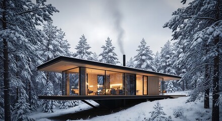 Modern minimalist house in snowy winter forest with illuminated interior at dusk.
