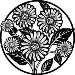Minimilist black and white floral arrangement featuring daisies and leaves within a circular border design element vector