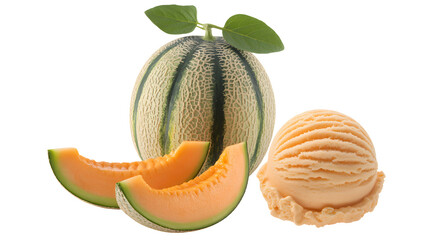 Cantaloupe delight: fresh whole melon, slices and a scoop of creamy cantaloupe ice cream