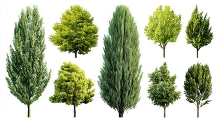Nine different types of trees, full view, isolated on white.  Various shapes, sizes, and shades of green foliage.  Ideal for graphic design or digital art projects