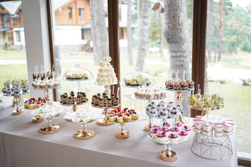 Table with assorted desserts, cakes and sweets in festive arrangement at a wedding reception.