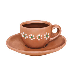 Hand drawn illustration of a traditional Mexican coffee cup with floral ornament, created with colored pencils and pastel, in folk art style.
Ilustración hecha a mano de una taza de café mexicana trad