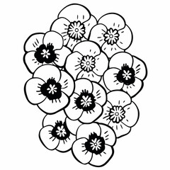 Minimilist a cluster of stylized black and white flowers with detailed centers arranged closely together on white vector