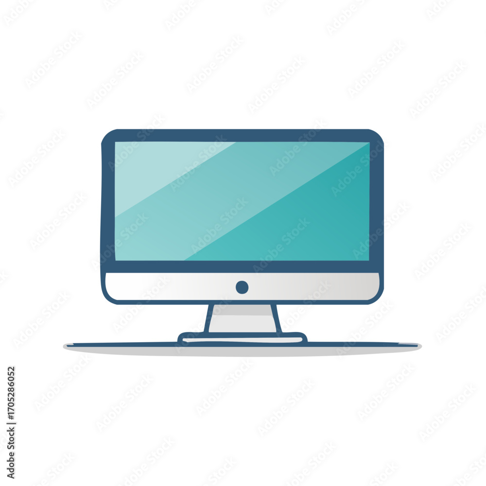 Poster modern flat screen computer monitor displaying a teal screen reflection