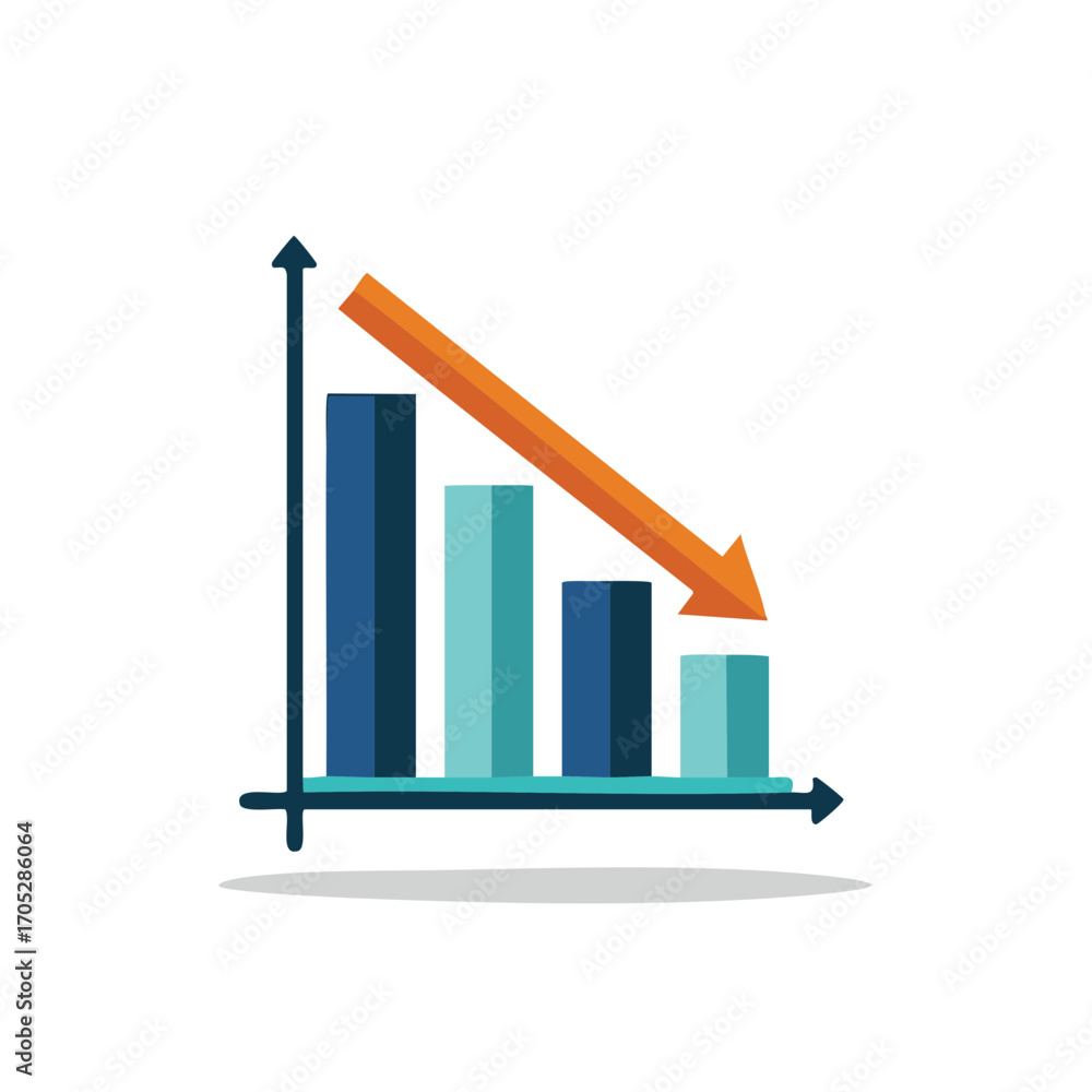 Poster bar chart showing financial downturn with descending orange arrow and data bars