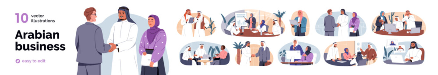 Arabian business people set. Arab Muslim characters in office. Women in hijabs, Arabic men, Saudi and UAE professional teams at work, meetings. Flat vector illustration isolated on white background