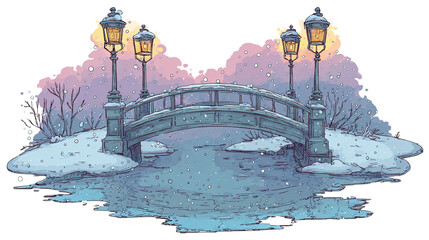 Retro Illustration of a Snowy Winter Bridge at Night with Dim Streetlights