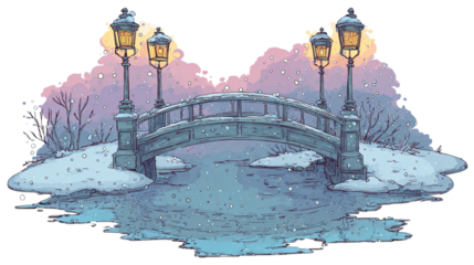 Retro Illustration of a Snowy Winter Bridge at Night with Dim Streetlights