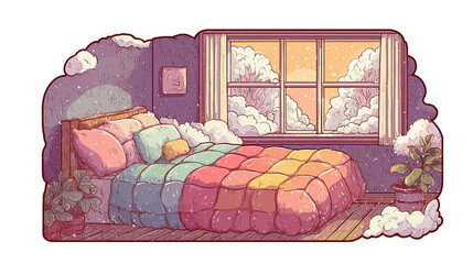Cozy retro bedroom with pastel colors and snowy cloudy window view