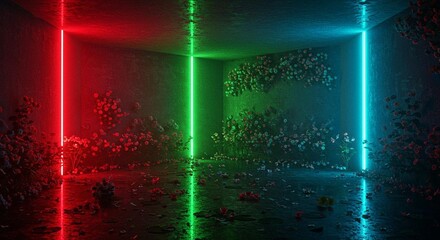 Futuristic neon-lit floral room.