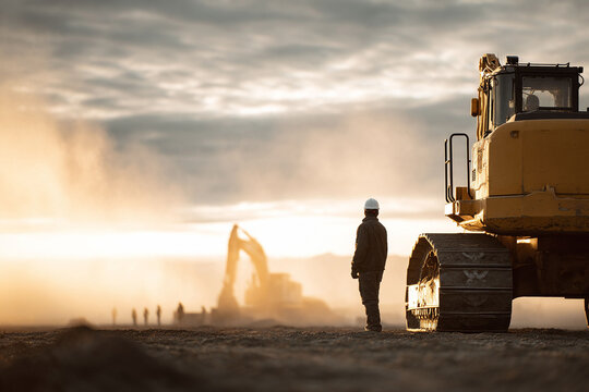 Powerful imagery featuring a construction worker and heavy machinery at sunrise. Symbolizes hard work, progress, and industrial development. Perfect for business, finance or engineering.