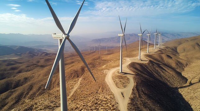 Aerial view of wind turbines on a desert landscape