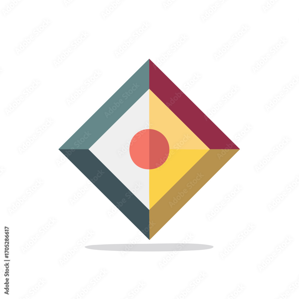 Poster abstract geometric rhombus shape with colorful segments and a red circle in the center