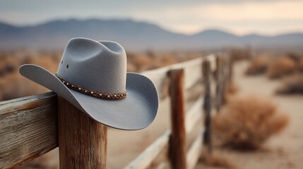 Cowboy hat hanging on wooden fence at sunset