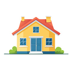 Colorful cartoon house illustration with yellow walls, red roof, blue doors and windows, a simple home design.