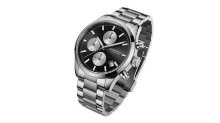 Elegant silver wristwatch with a black face and date display showcases precision timekeeping