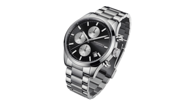 Elegant silver wristwatch with a black face and date display showcases precision timekeeping