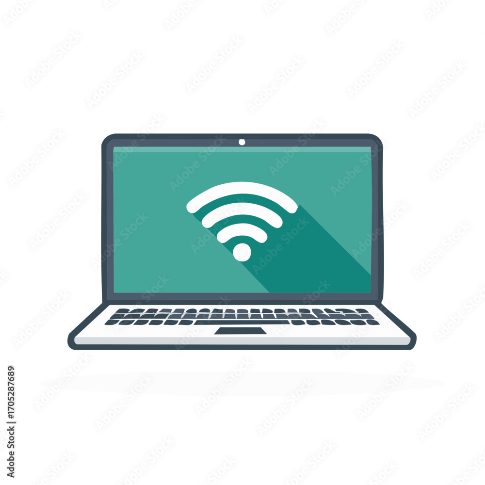Poster laptop computer with a wireless internet connection signal icon