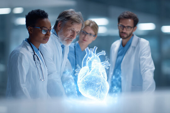 Medical team analyzing a glowing heart hologram. Illustrates innovation, cardiology, research, or teamwork. Use for healthcare, science, or future tech themes.