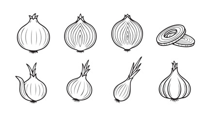 Collection of hand drawn onion illustrations in a distinctive silhouette style