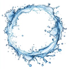 A translucent blue water ring, formed by splashing droplets, creates a circular frame against a white background; small droplets are scattered within and around the main ring