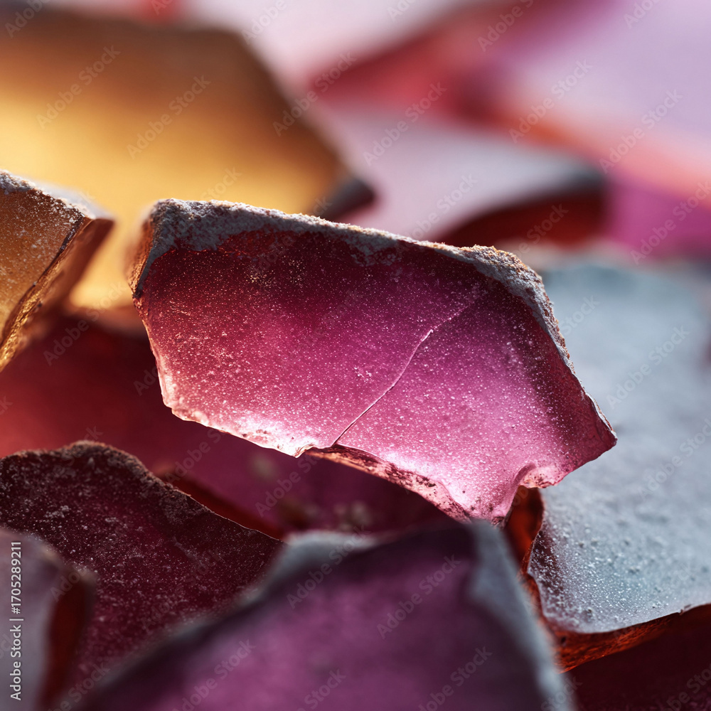 Poster macro shot of vibrant, translucent shards, creating abstract patterns with light and shadow. concept