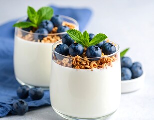 Two glasses of yogurt parfaits topped with blueberries and granola