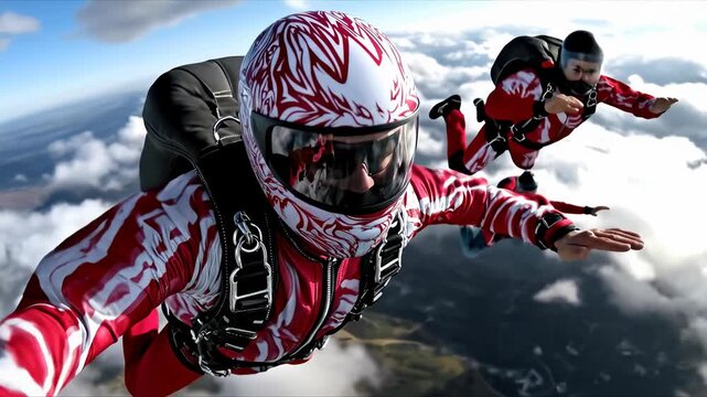 This exciting video shows a team of skydivers in red and white suits. They are jumping from a plane and free falling above the clouds during the day