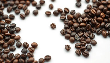 Close-up of numerous dark roasted coffee beans on a pure white background, macro, organic