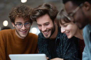 Diverse group of young people collaborating. Happy students using a digital tablet together. Teamwork, success, learning concept.