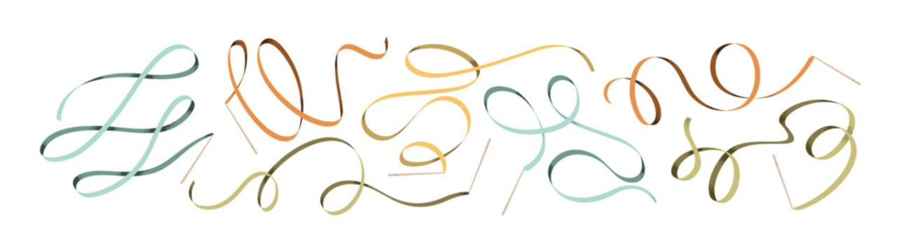 Rhythmic ribbons in flowing patterns, set. Artistic gymnast equipment. Gymnastics sticks, swirls and curls. Acrobatic sport tools for exercising. Flat vector illustration isolated on white background