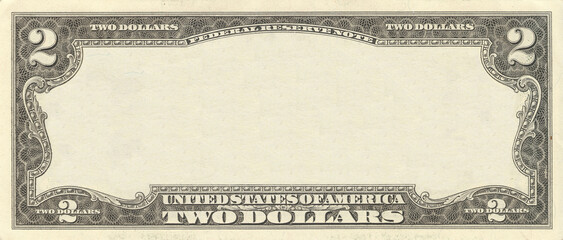 Financial illustration. Empty frame of banknote, denomination of 2 dollar US 2013. Obverse of note. Sample bill. American vintage paper money. Two. Template. Lucky business flyer
