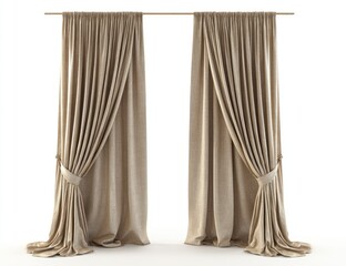 Elegant, light beige velvet curtains with gold rod, pleated, tied back, softly draped, isolated on white background