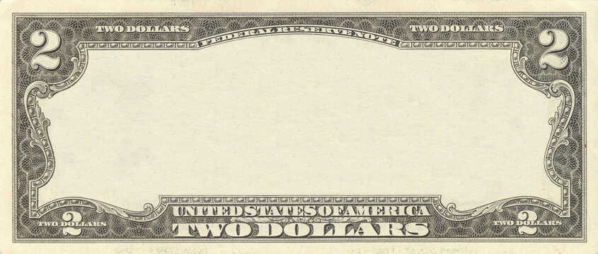 Financial illustration. Empty frame of banknote, denomination of 2 dollar US 2013. Obverse of note. Sample bill. American vintage paper money. Two. Template. Lucky business flyer