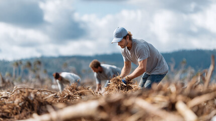 Team of men working on field restoration. Focus on environmental cleanup, conservation and agricultural labor. Shows dedication and teamwork.