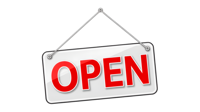 Come on in! Hanging open sign welcomes customers for vibrant modern store promotions