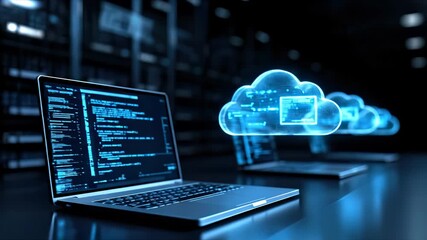 Digital data processing on an internet server system. Glowing blue cloud storage symbols hover near a laptop displaying software code in a secure network environment. - Powered by Adobe