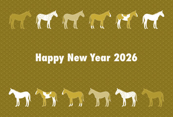 2026年午年の年賀状イラスト（和柄背景に一列並んだ馬たち）