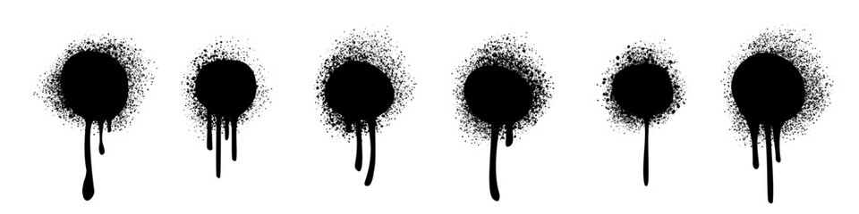 Spray paint splatter circles with dripping ink effect. Grunge graffiti elements in black with scattered spray texture. Urban art clip for background or stencil design. Grungy vector illustration.