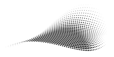 Abstract dotted wave. Halftone curved shape in black color isolated on white background. Curved and twisted gradients form. Trendy graphic vector illustration.