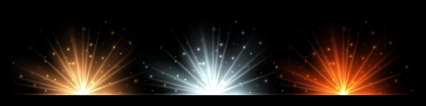 Fototapeta Golden, white, and red glowing light flares with radiant beams and sparkling particles on black background. Three spotlight bursts. Luminous vector illustration.
