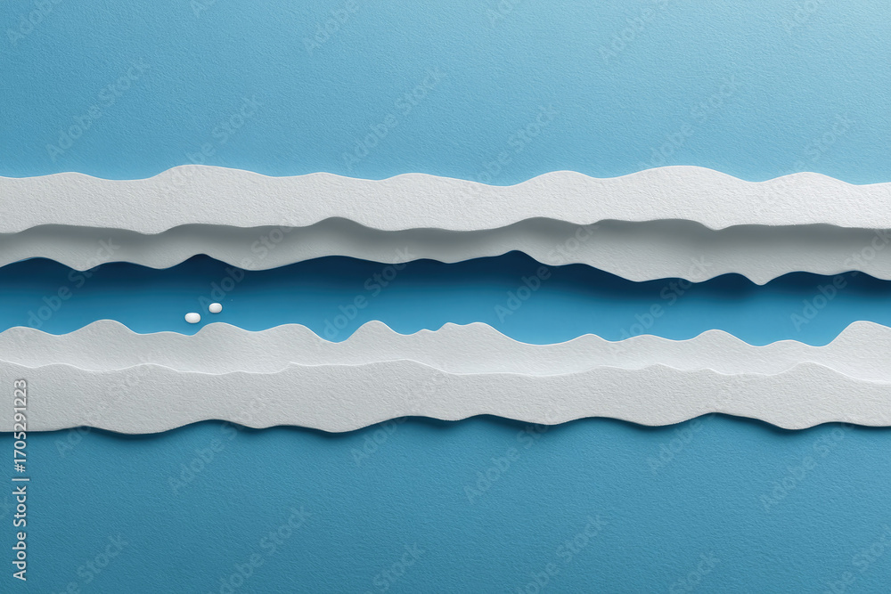 Poster clean minimal horizontal paper cut graphic with white textured layers and blue background, abstract 