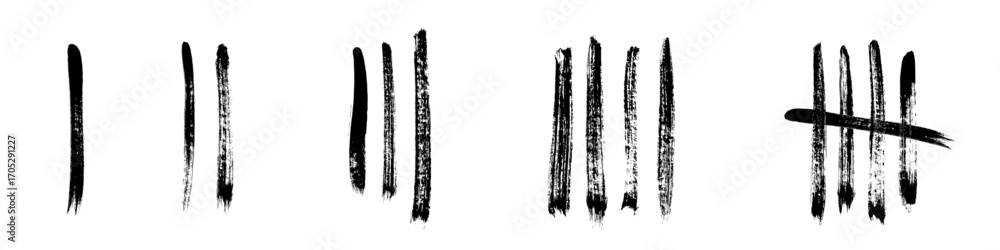 Poster tally marks brush strokes set. black hand-painted counting lines in various styles, including single