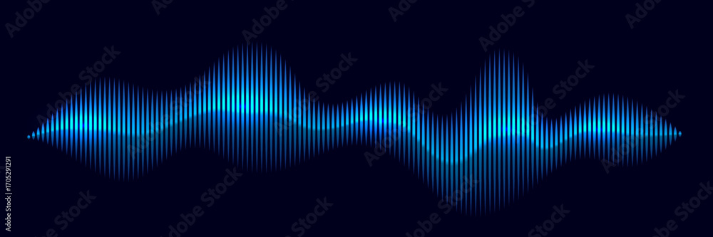 Poster blue sound wave with glowing vertical bars on dark background. abstract music waveform in neon gradi
