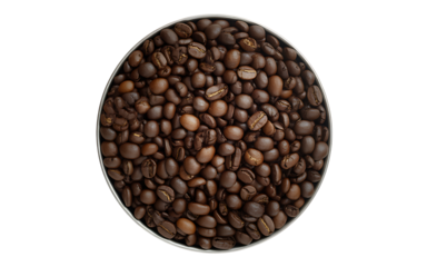 Closeup of roasted coffee beans in a circle, isolated on transparent background