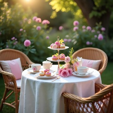 Elegant garden tea party setup with pink flowers and pastries on a sunny afternoon