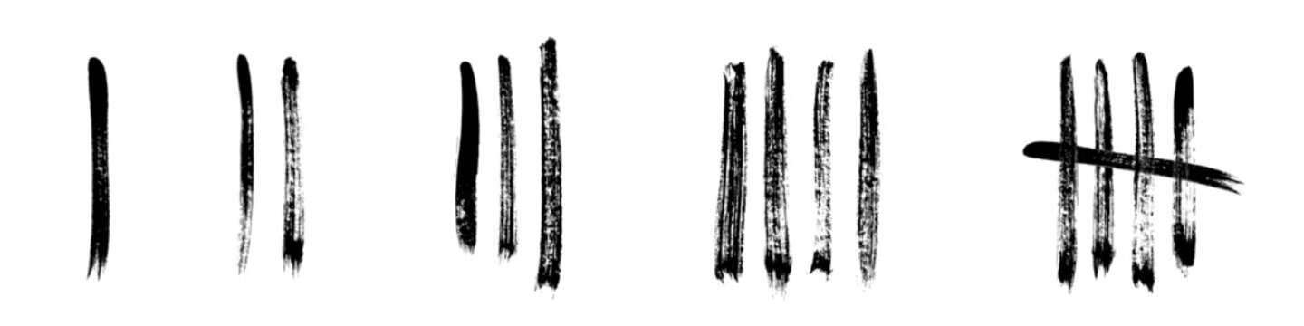 Tally marks brush strokes set. Black hand-painted counting lines in various styles, including single strokes and crossed fifth mark on white. Vector grunge ink design for counting, tracking, graphic.