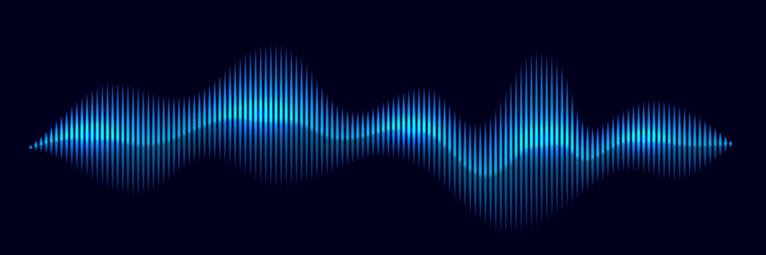 Blue sound wave with glowing vertical bars on dark background. Abstract music waveform in neon gradient style for audio visualizer, equalizer, or DJ interface. Futuristic vector illustration.