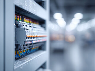 Intricate electrical panel with vibrant wiring. Perfect for illustrating technology, industry, automation, or complex systems with a modern and clean aesthetic.