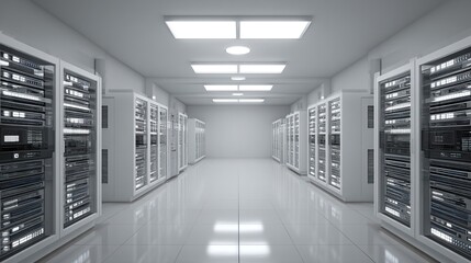 Fototapeta premium Minimalist data center interior with white walls, organized racks and glowing LED panels, showcasing a clean, modern tech space designed for efficient data storage and network operations.